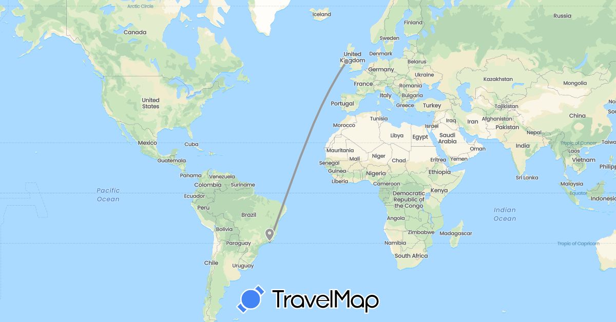 TravelMap itinerary: driving, plane in Brazil, Ireland (Europe, South America)